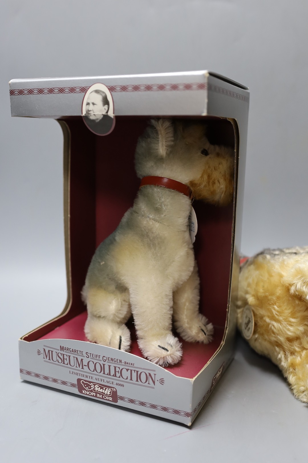 A Classic 'Fellow' Terrier label / tag with five assorted yellow tag animals, also boxed Museum Collection 'Rattler' Terrier white label with neck mechanism